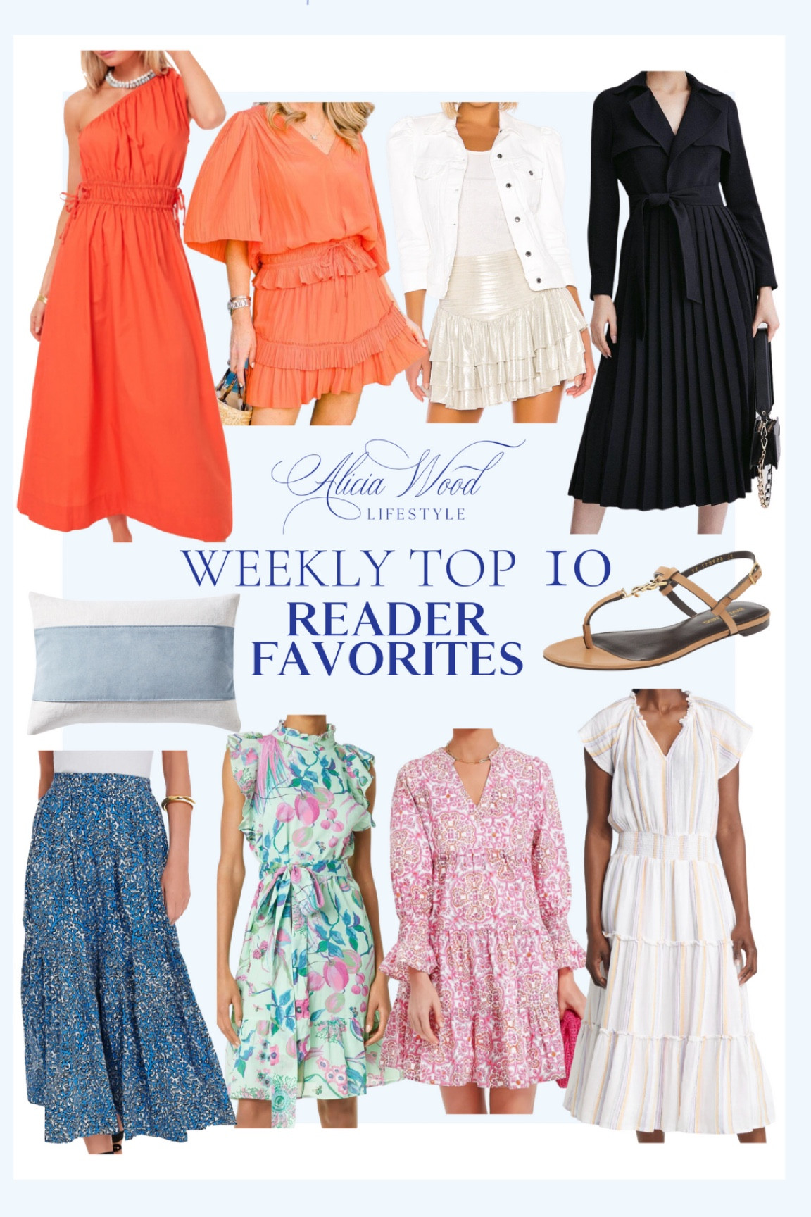 Weekly Top 10 Favorites

Serena and Lily blue and white pillow cover
Bandanna blue pink green floral belted dress
YSL Saint Laurent flat sandal 
Karen Millen black long sleeve pleated midi trench dress
Faithfull The Brand Orange one shoulder midi dress
White denim jean jacket 
Ramy Brook orange smocked shoulder bleated sleeve and skirt matching set
Rails Amelia pink white and blue stripe linen blend midi dress
Tuckernuck blue coral pattered tiered midi skirt 
Pink and orange long sleeve block print dress


#LTKSeasonal #LTKshoecrush #LTKstyletip
