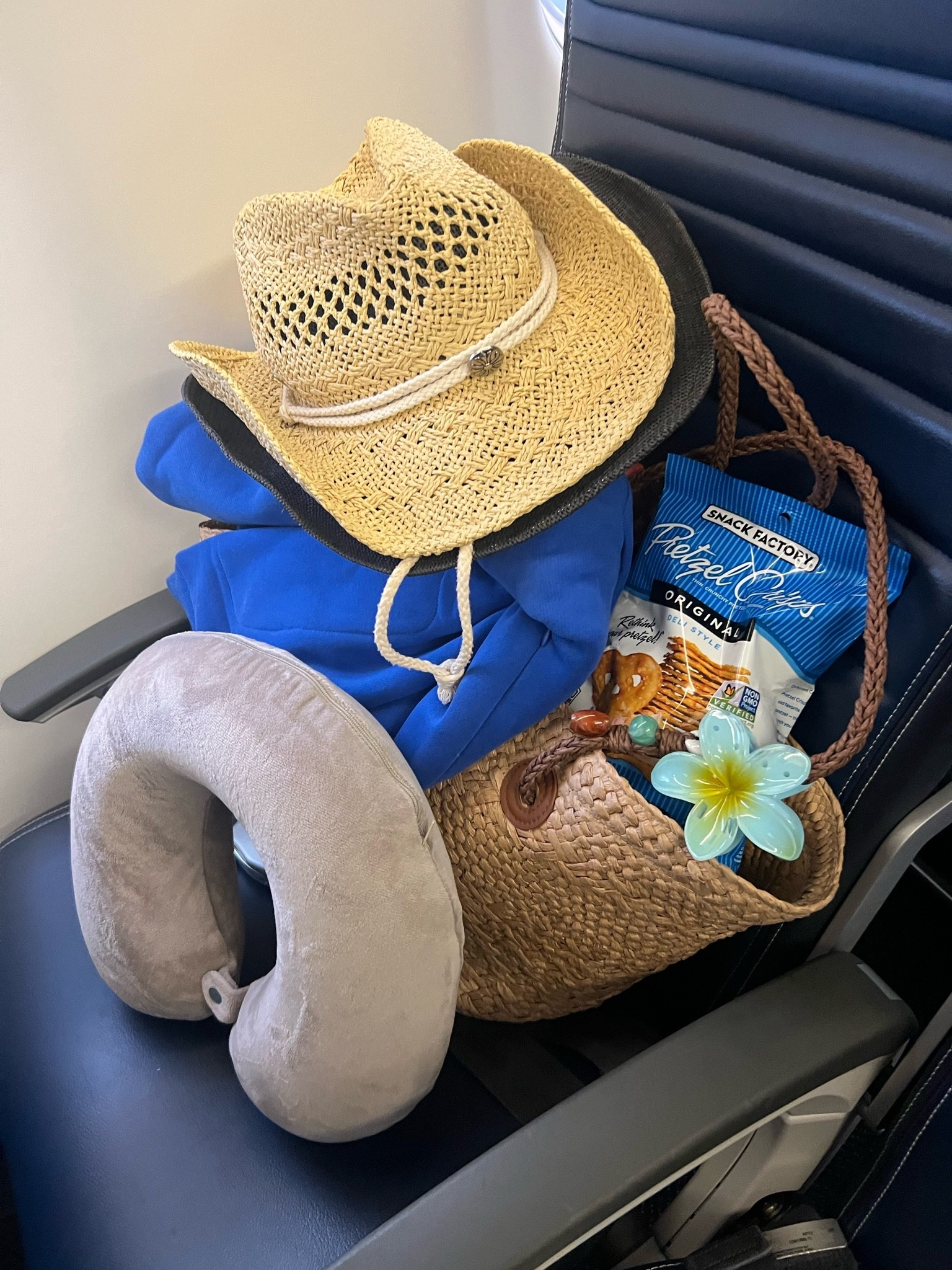 Comfrt travel outfit airplane mode hoodie and sweatpants set, travel pillow, pretzel chips, woven bag, flower clips

#LTKSaleAlert #LTKTravel #LTKootd