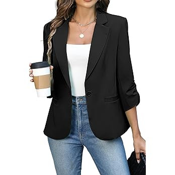 ELLEVEN Women's Ruched 3/4 Sleeve Blazer, Lightweight Fitted Jacket | Amazon (US)