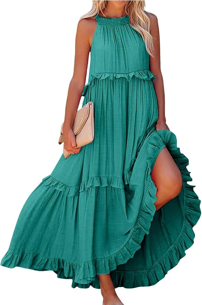 Summer Sleeveless Dress for Women Crew Halter Neck Tiered Pleated Loose Flowy Ruffle Maxi Sundres... | Amazon (US)