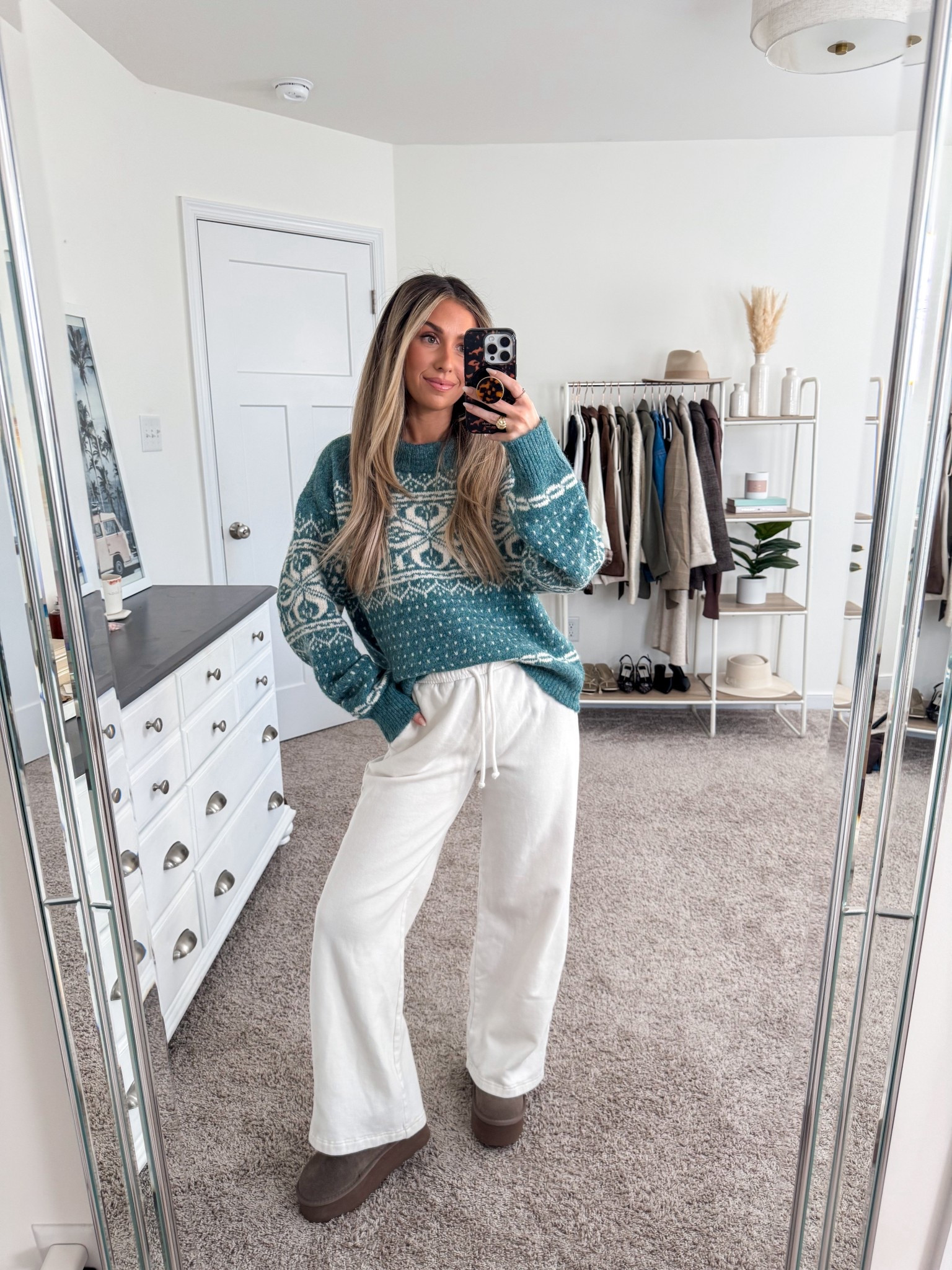 Cozy outfit for the holidays 
+ sweater: medium 
+ wide leg sweatpants: xs 
+ amazon Uggs look for less: size up if in between 

Target style 
target fashion
Holiday sweater 
Christmas tree decorating 
Present wrapping 
Coffee run 
Holiday shopping 
Cozy outfit 

#LTKFindsUnder50 #LTKHoliday #LTKootd