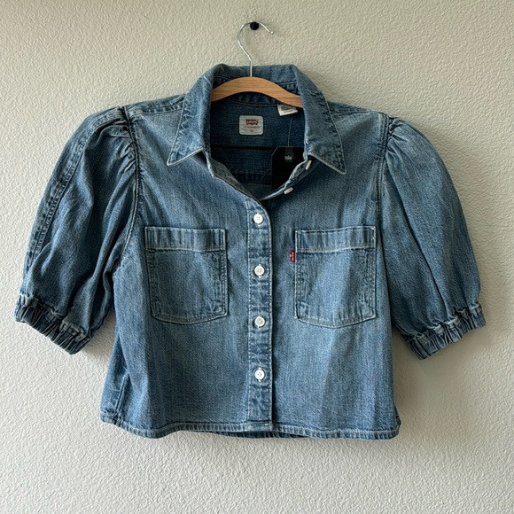 Levi’s Button Front Puff Sleeve Cropped Denim Top XS | Poshmark