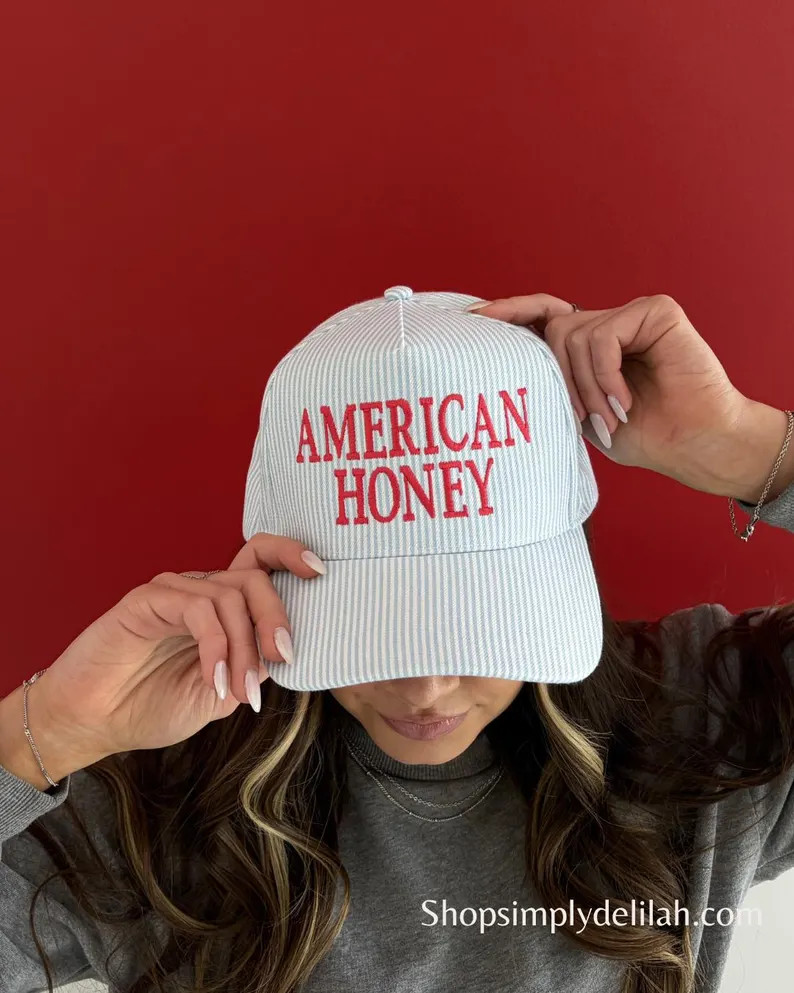 American Honey Pinstripe Hat | cute patriotic trucker hat, 4th of july ball cap, embroidered amer... | Etsy (Global)