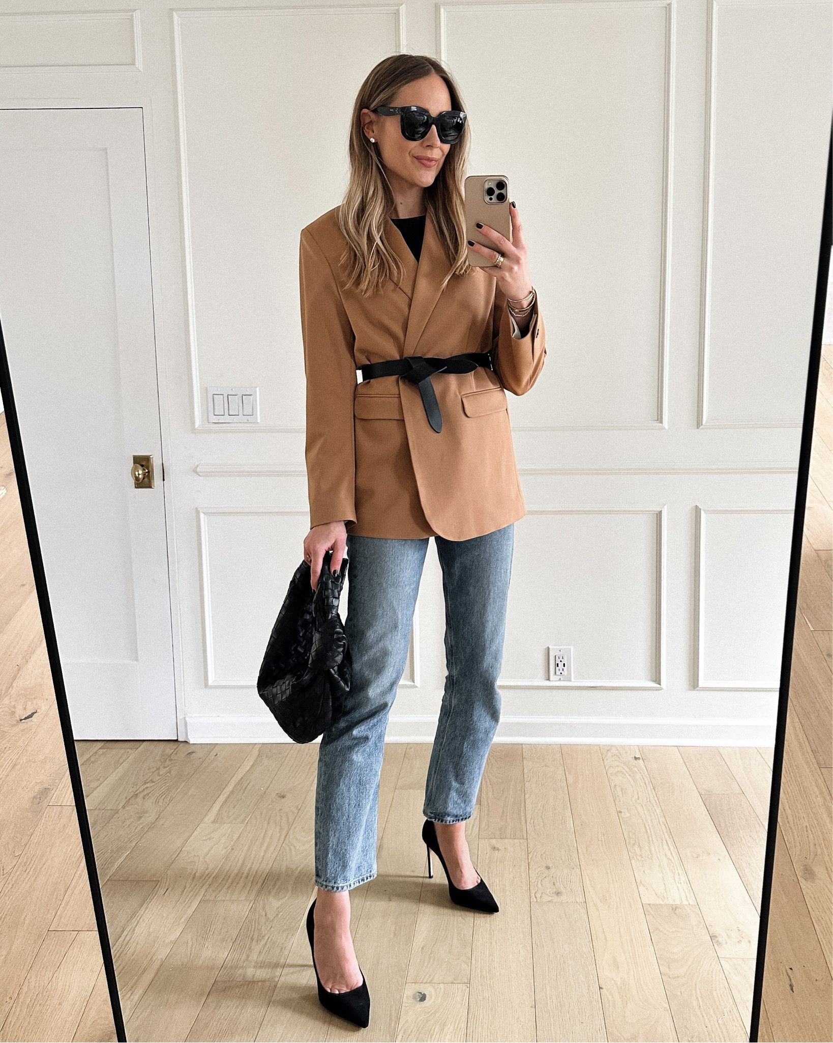 Fashion Jackson wearing camel blazer (small), black belt, jeans, black pumps #fashionjackson #blazer #springoutfit 

#LTKunder50 #LTKstyletip #LTKunder100