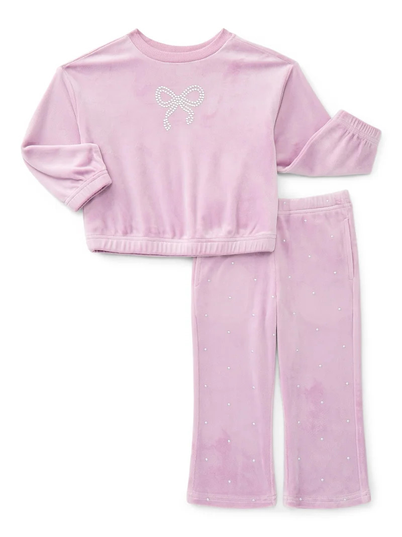 Wonder Nation Toddler Girls Embellished Velour Sweatshirt and Flare Pants Set, 2-Piece, Sizes 12M... | Walmart (US)
