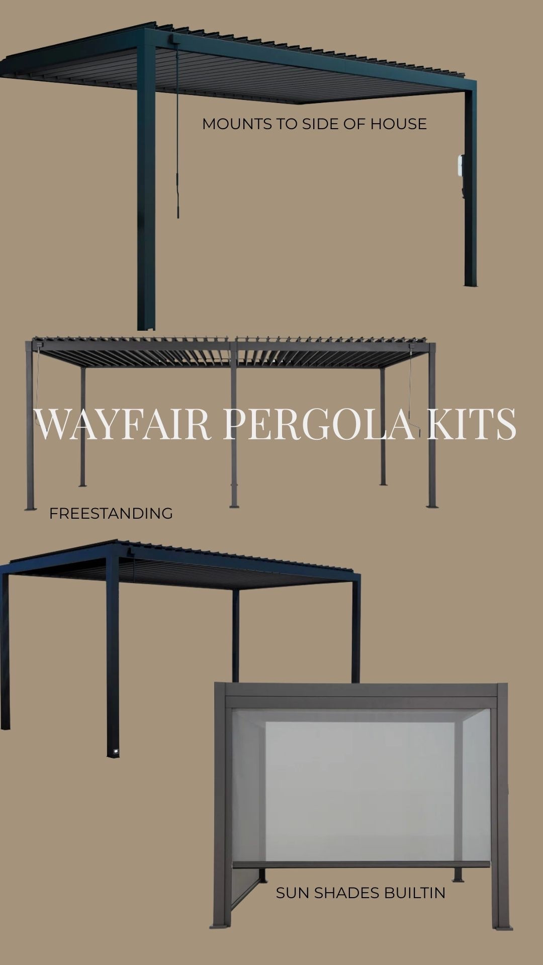 #ad The exact pergola kit we built on the deck + the mirador pergola kit we also have with builtin sunshade sliders. All easy to assemble shipped to your door from @wayfair 
#wayfairpartner #wayfair