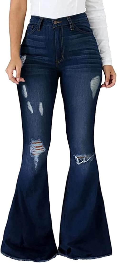 Women's Bell Bottom Jeans Elastic Waist Ripped Flared Jeans Denim Bell Bottom Plus Size Pants | Amazon (US)