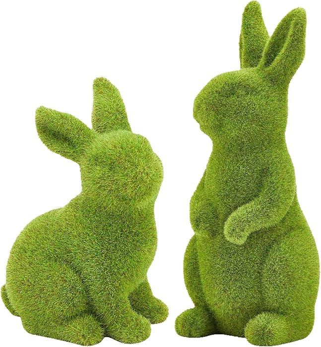 2 PCS Moss Bunny Decorative Figurines Flocked Resin Easter Bunny Decor Green Moss Bunnies for Spr... | Amazon (US)