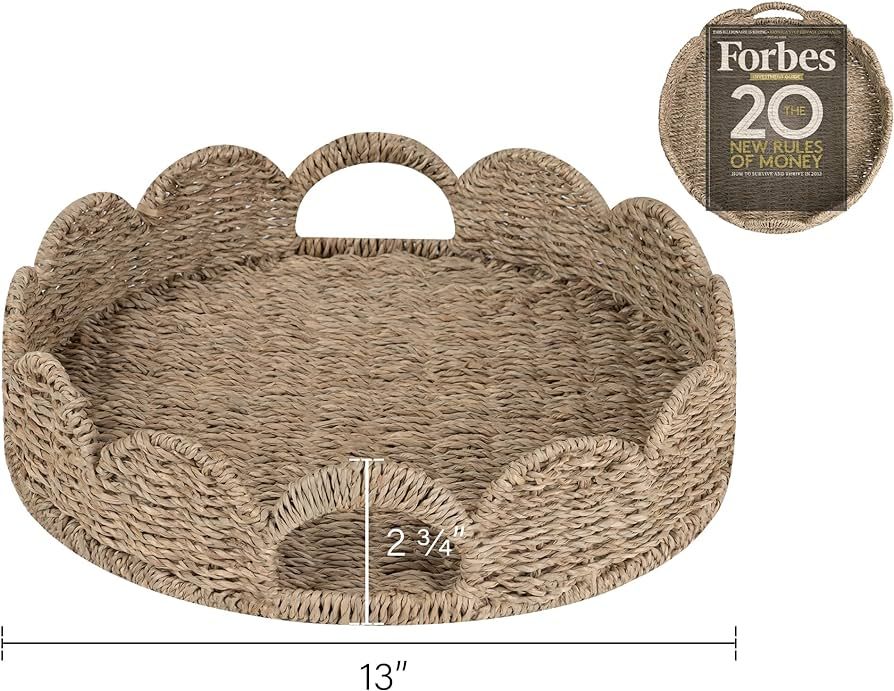 StorageWorks Scalloped Edge Round Tray, Round Serving Tray with Built-in Handles, Decoratve Tray for Coffee Table, Seagrass Rattan Tray | Amazon (US)