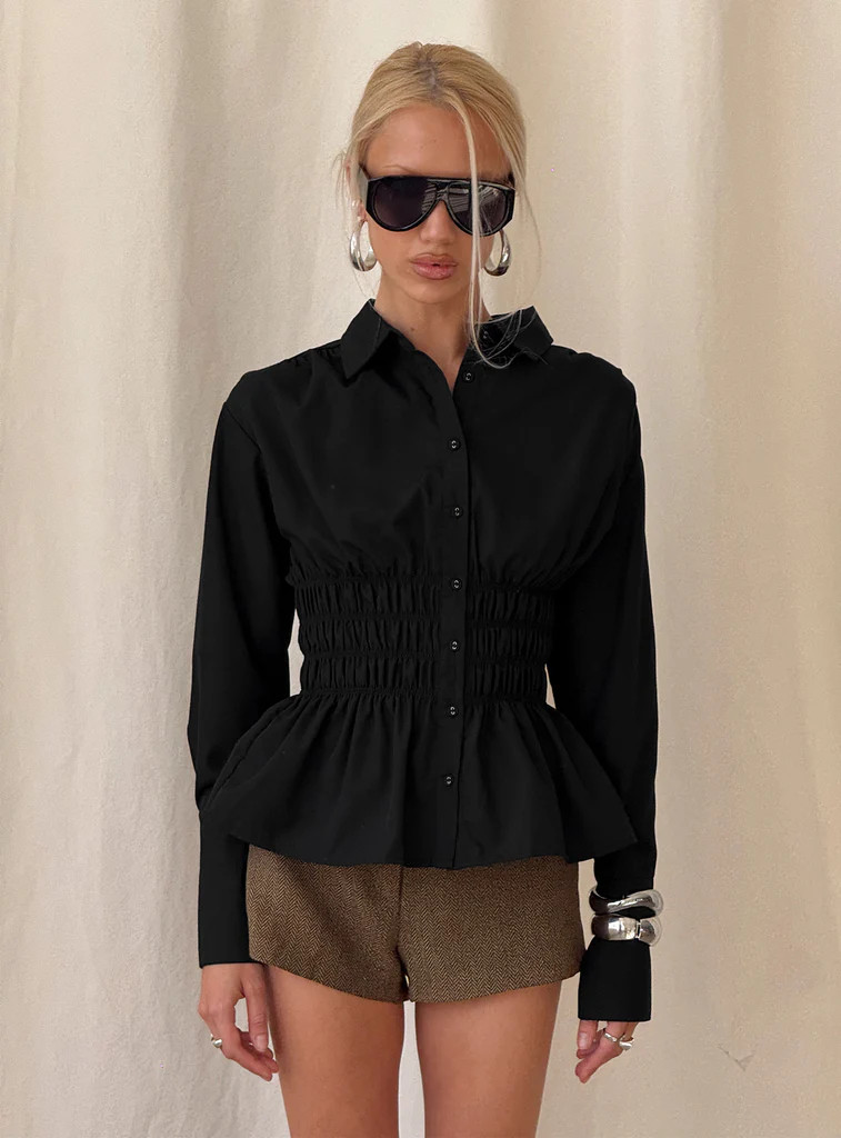 As You Are Shirred Button Up Top Black | Princess Polly US