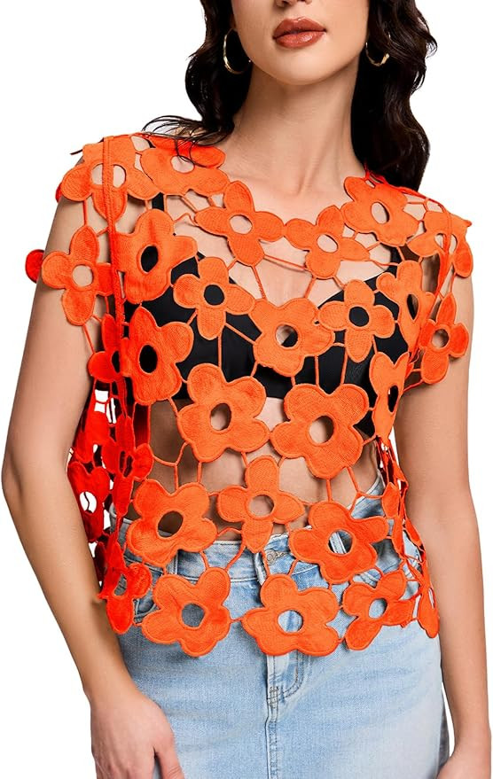Flygo Hollow Out Floral Lace Crop Top for Women 2025 Trendy Sleeveless Crochet Vest Cover up Y2K ... | Amazon (US)