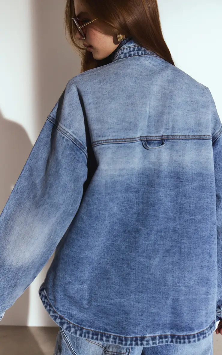 Shirts | Mid Blue Oversized Denim Shirt | PrettyLittleThing | PrettyLittleThing UK