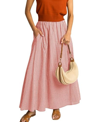 HangNiFang Summer Long Plaid Maxi Skirt for Women Elastic Pleated A-Line Gingham Skirt with Two Pockets(1301-Red-S) | Amazon (US)