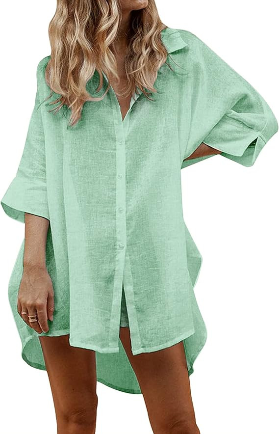 UNibelle Women Cotton Linen Shirts Casual Button Down Tunics Tops Beach Swimsuit Coverups | Amazon (US)