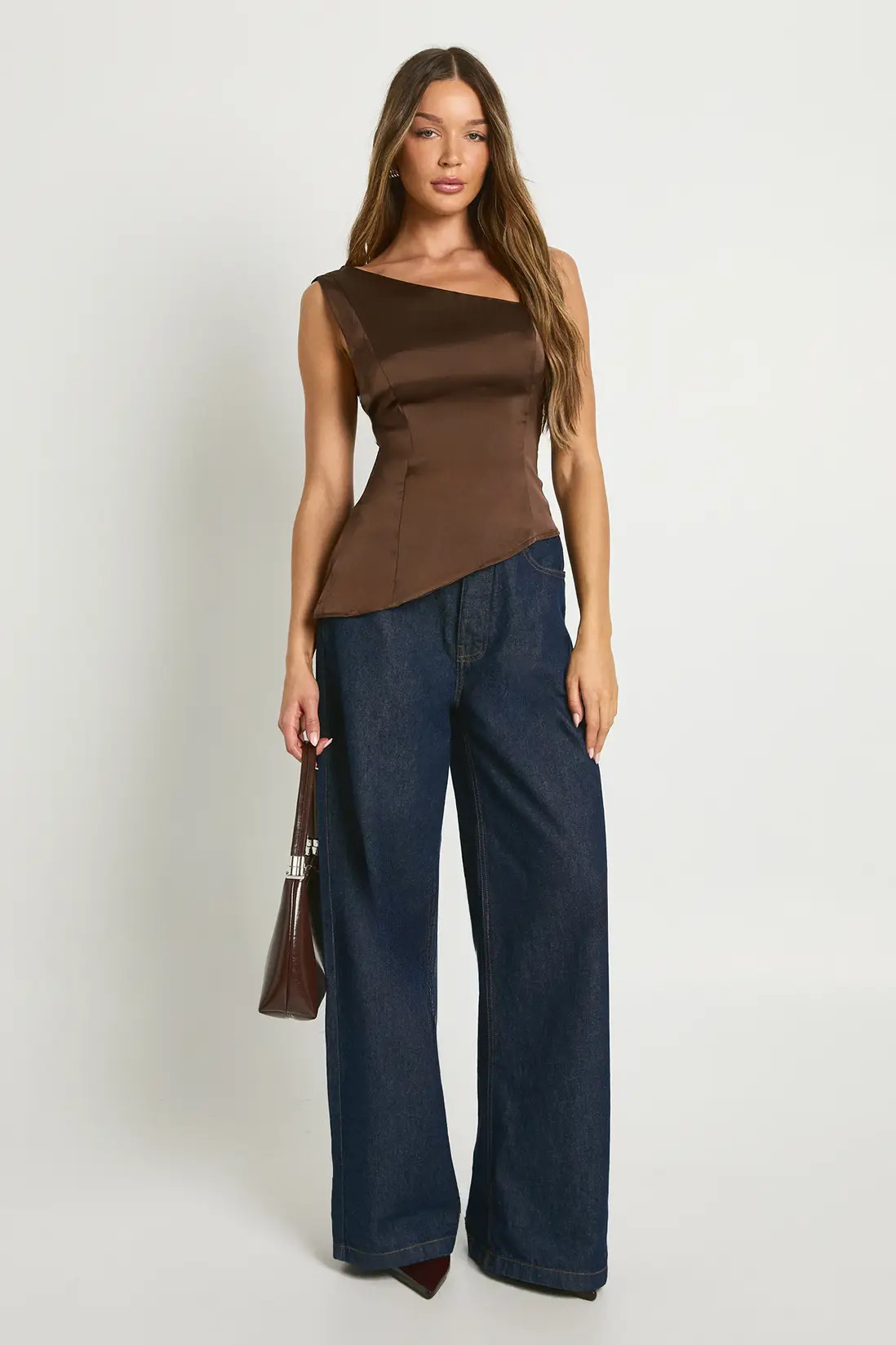 Chocolate Satin Asymmetric Top | Boohoo | Boohoo.com (UK & IE)
