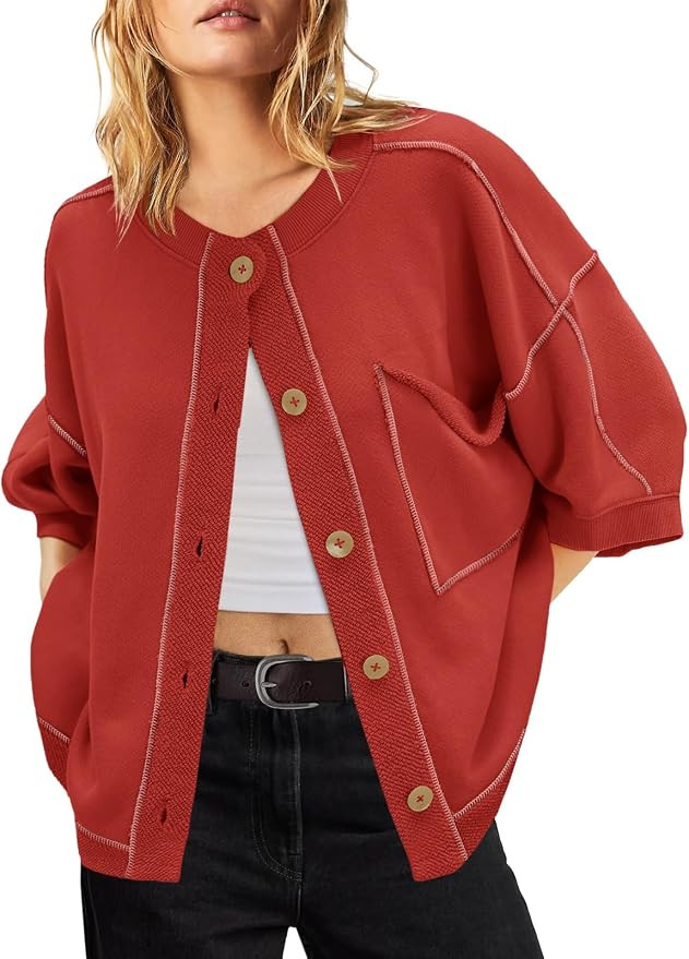Womens Short Sleeve Sweatshirt Cardigan Lightweight Fall Coats | 3/4 Sleeve Crewneck Sweatshirts,... | Amazon (US)