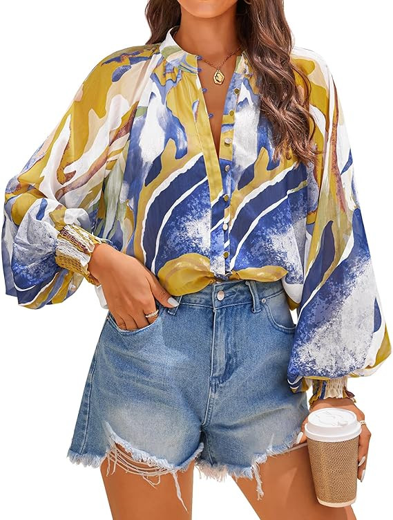 ZESICA Women's Floral Print Blouse 2026 Long Sleeve Button Down Casual Fall Boho Oversized Tops S... | Amazon (US)