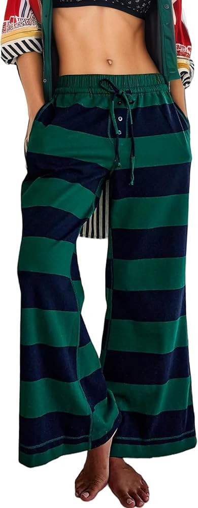 Women Wide Leg Striped Lounge Pants Drawstring High Waist Color Block Palazzo Pants Casual Flare ... | Amazon (US)
