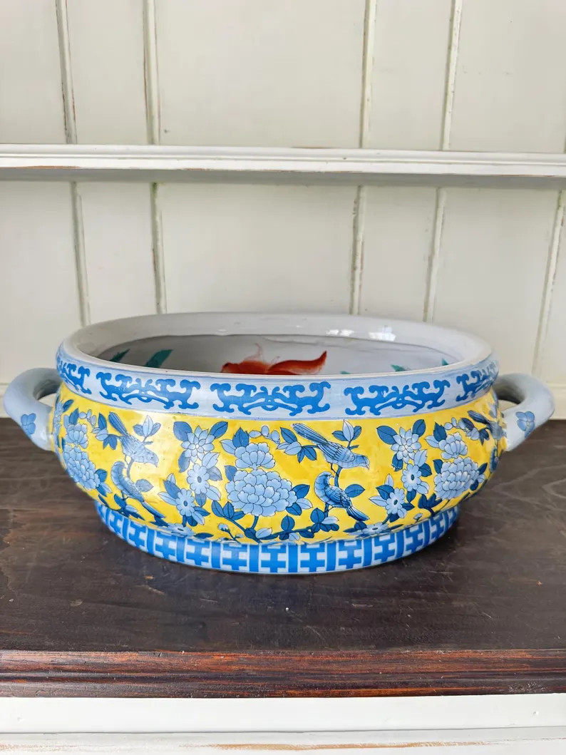Vintage Chinese Porcelain Fishbowl Planter | Yellow Blue Chinoiserie Jardiniere | Goldfish Koi Bi... | Etsy (Global)