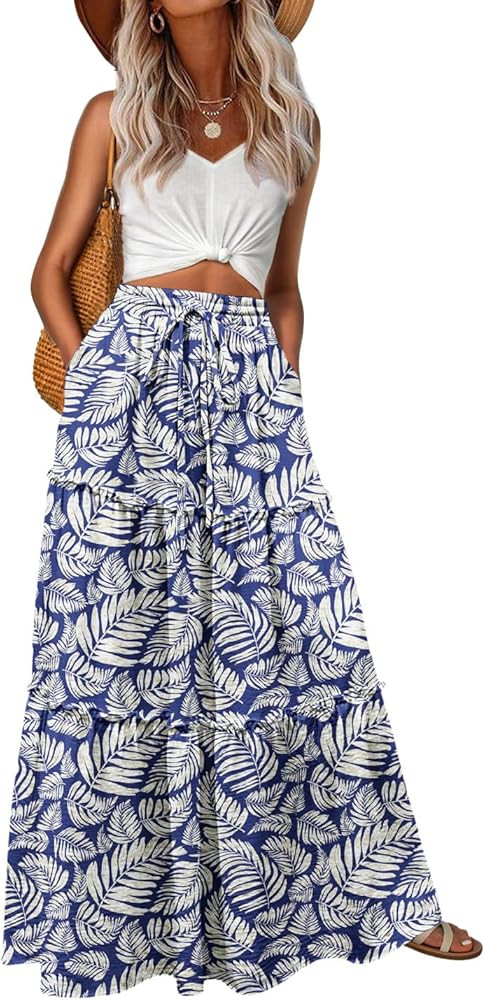 Lepunuo Womens Casual Boho High Waisted Flowy Maxi Skirts Trendy Floral Cute Long Skirts with Poc... | Amazon (US)