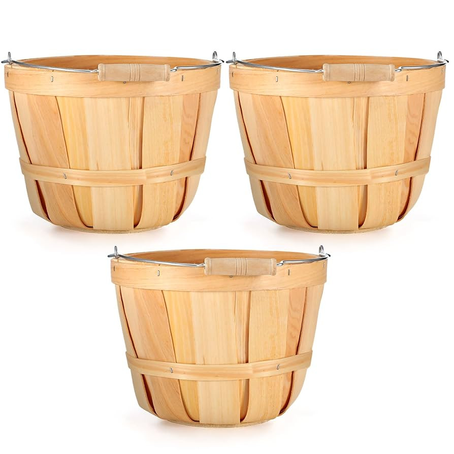 Eaasty 3 Pack Round Wooden Bushel Baskets Wood Fruit Buckets with Handle for Vegetable Snack Holi... | Amazon (US)