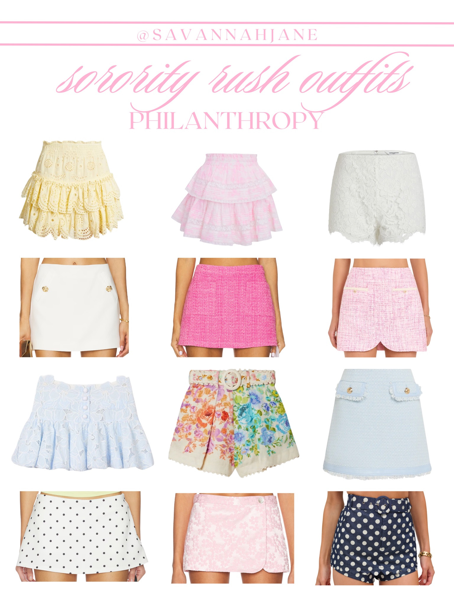 Philanthropy outfit inspo! Love these mini skirts & shorts 💓💓💓 sorority rush outfit | sorority rush outfit inspo | rush outfit | rush ootd | bama rush | SMU rush | SMU rush outfit | SMU rush ootd | philanthropy skirts | rush skirt inspo | preppy rush outfit | preppy rush ootd | preppy skirts | preppy mini skirt | revolve mini skirts | Zimmermann shorts | preppy style | LTK U | college outfit inspo 

#LTKootd #LTKPetite #LTKU