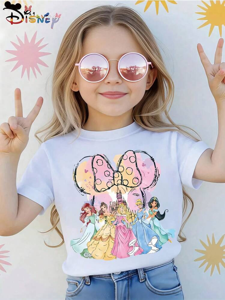 Disney [Authorized] Disney Princess Print Girls' Round Neck Summer T-Shirt - Soft Stretch Fabric,... | SHEIN