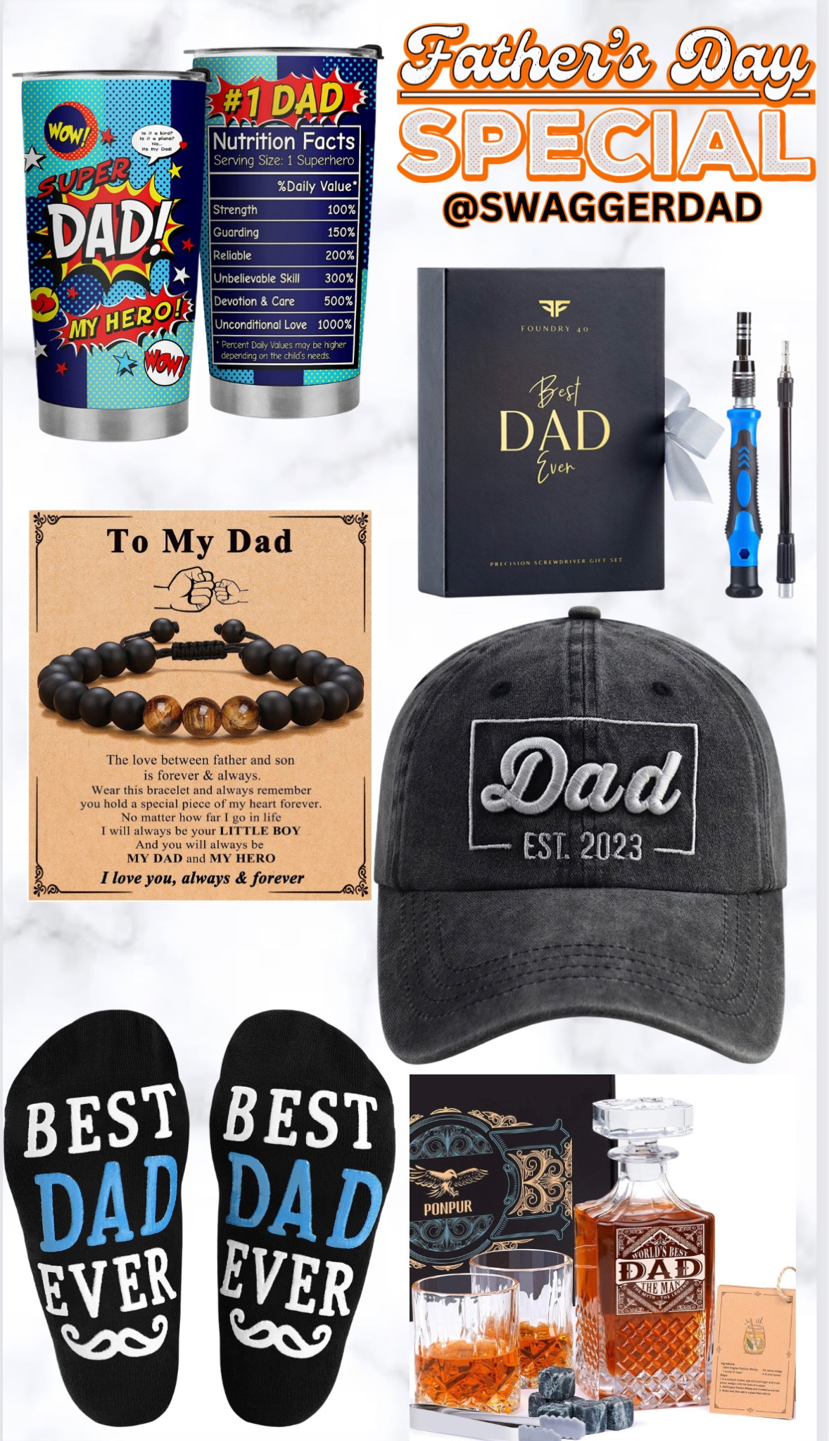 Fathers Day is this Sunday, better get him something he likes😎 Check out these picks from SwaggerDad.. Dad’s Cup, Dad’s bracelet, Dad Hat, Dad Sock, Dad drink set and Dad’s Precision Screwdriver Set!

#LTKfamily #LTKGiftGuide #LTKFind