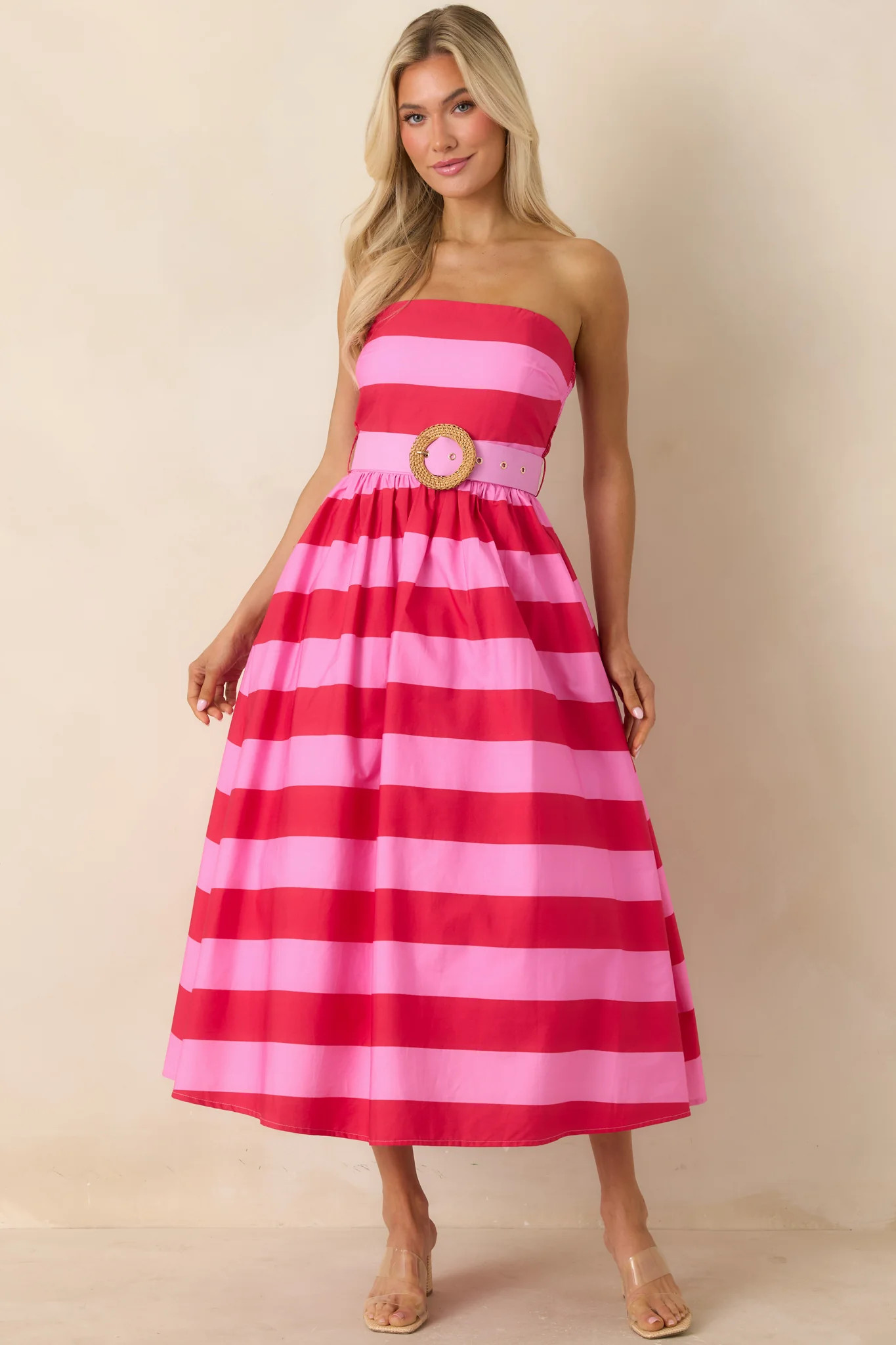 The Amanda Pink & Red Stripe Cotton Strapless Midi Dress | Red Dress