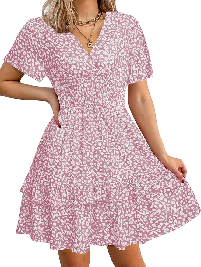 Simplee Womens Floral Mini Dress - Summer Casual Boho V Neck A-Line High Waist Vacation Beach Sun... | Amazon (US)