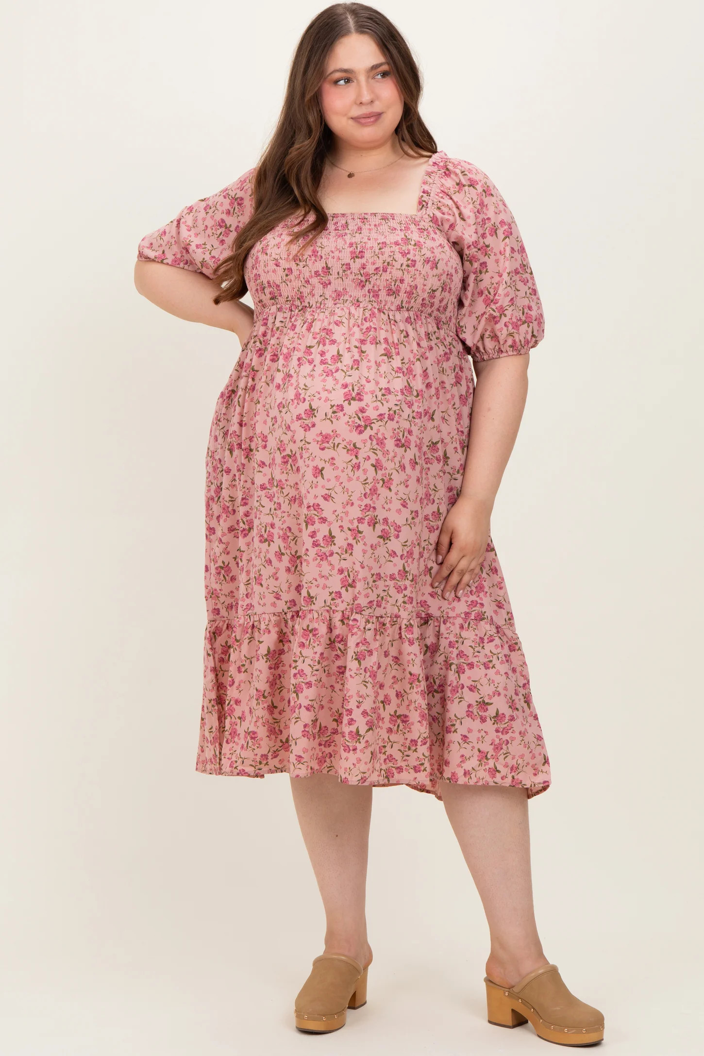 Pink Floral Smocked Maternity Plus Midi Dress | PinkBlush Maternity