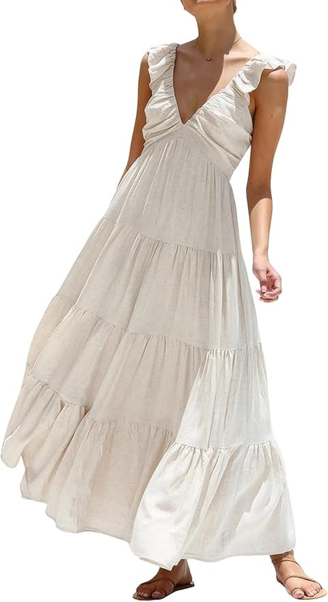 ebossy Women Flowy Tunic Beach Dress Sexy V Neck Ruffles Cap Sleeve Shirred Tiered Maxi Sundress | Amazon (US)