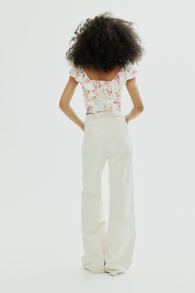 Linen-blend Cropped Blouse - White/floral - Ladies | H&M US | H&M (US + CA)