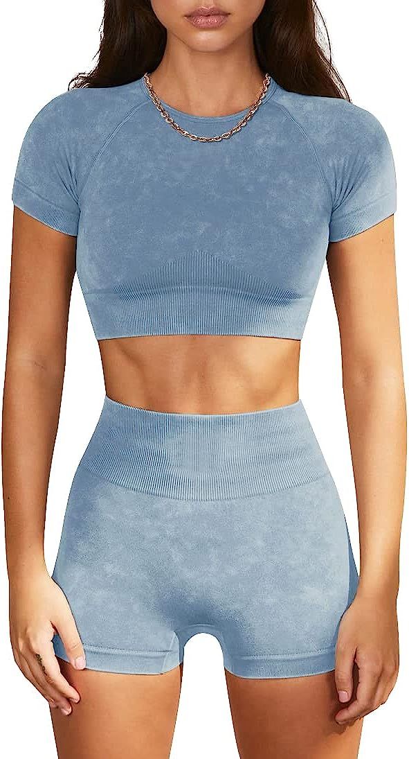 OLCHEE Womens Workout Sets 2 Piece - Seamless Acid Wash Yoga Outfits Shorts and Short Sleeve Crop... | Amazon (US)