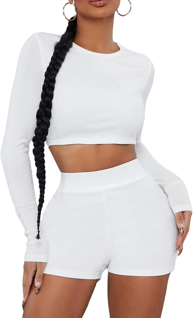 Floerns Women's Long Sleeve Crop Tee Top and Biker Shorts Set Two Piece Outfit | Amazon (US)