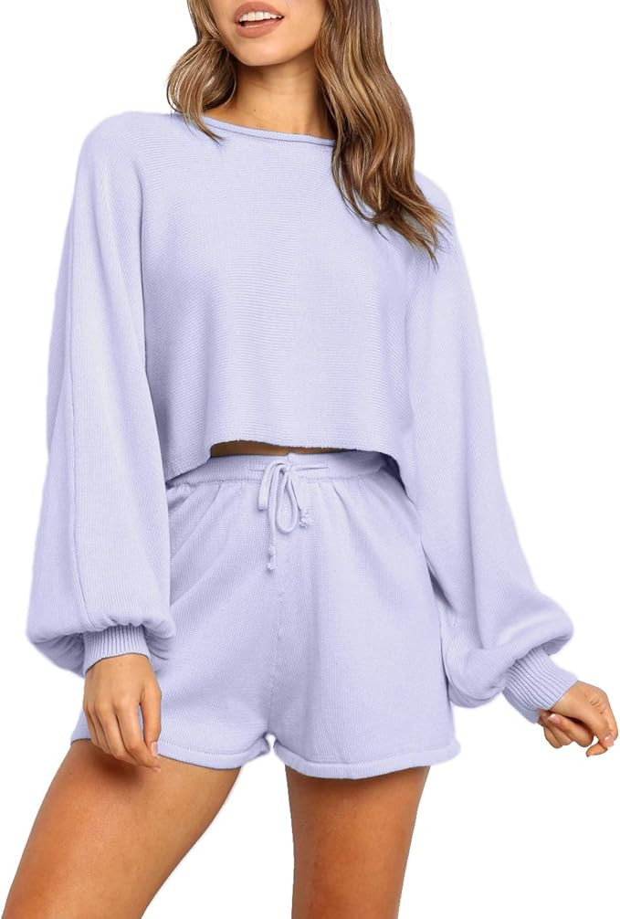 Women's Pullovers Sweater Leopard Sweatsuit Casual Long Sleeve Knit 2 Piece Short Sweater Crop To... | Amazon (US)