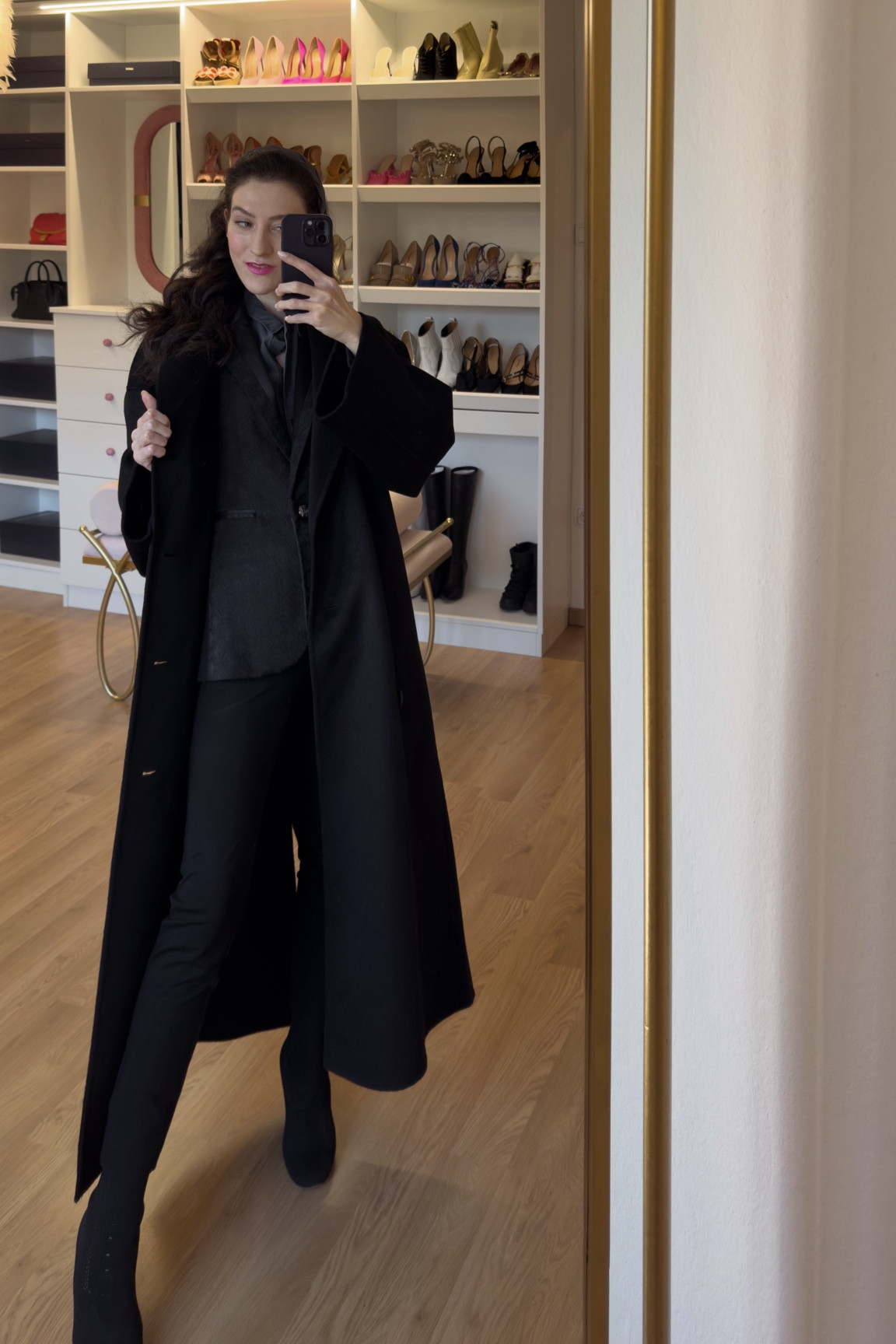 This is my favourite winter business formal look, with a luxury black jacquard blazer and skinny cigarette trousers. Pair with a navy silk shirt, for a touch of refinement to the winter work outfit. The black ankle boots will elongate your legs while the long black LouLou Studio coat provides warmth and style. I finished the look with a headband, epitomizing the perfect blend of fashion and functionality. Shop for this meticulously curated outfit for your winter workwear, and redefine your business formal attire for 2024. #workoutfit #winteroutfits #suit #coat #businessformal #black

#LTKworkwear #LTKSeasonal #LTKstyletip