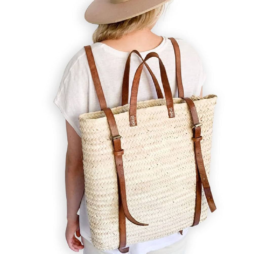 French basket with leather strap, Straw backpack, Beach bag, Hipster backpack, straw basket, summ... | Amazon (US)