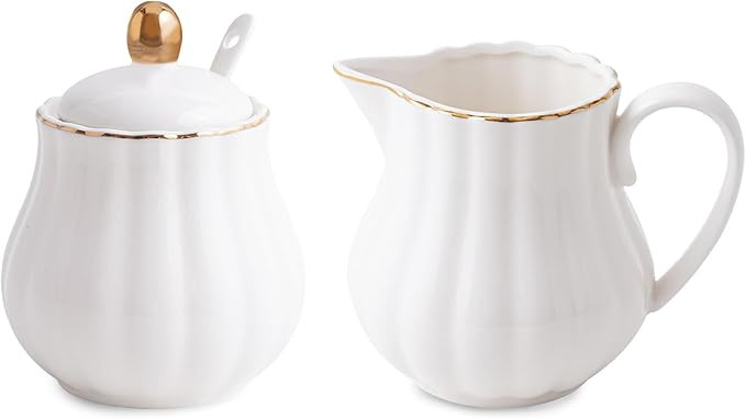 Ceramic Sugar and Creamer Set, 3 Piece with Cream Pitcher, Sugar Bowl with Lid and Spoon,Coffee a... | Amazon (US)