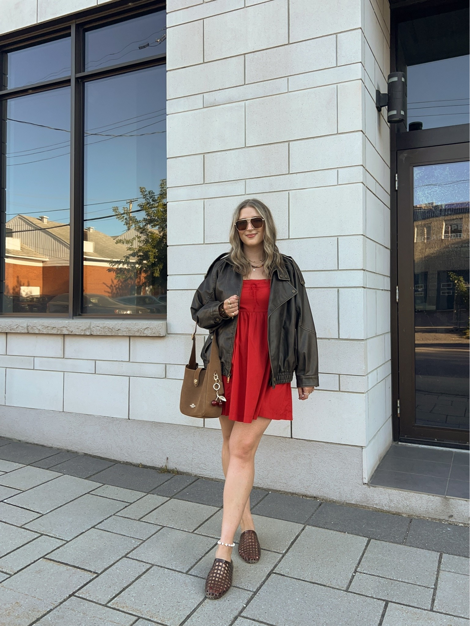 Fall date night outfit! Wearing in both the red dress and leather jacket. I’m a 9.5-10 shoe and wear a 10 in the jelly shoes (exact Canadian shoe link under “similar products”)

#LTKfall #LTKdresses #LTKdatenight