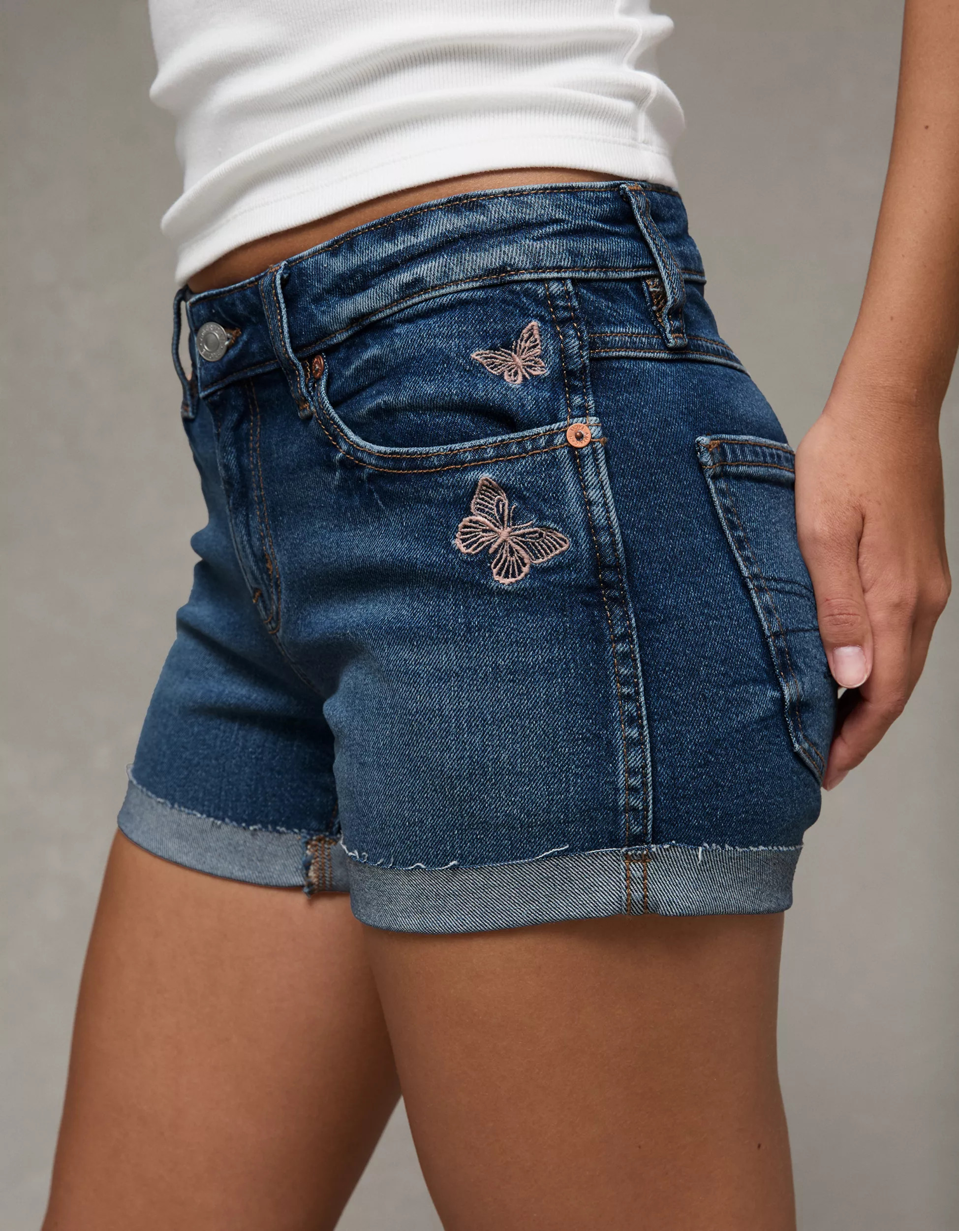 AE Stretch Low-Rise Perfect Denim Midi Short | American Eagle Outfitters (US & CA)