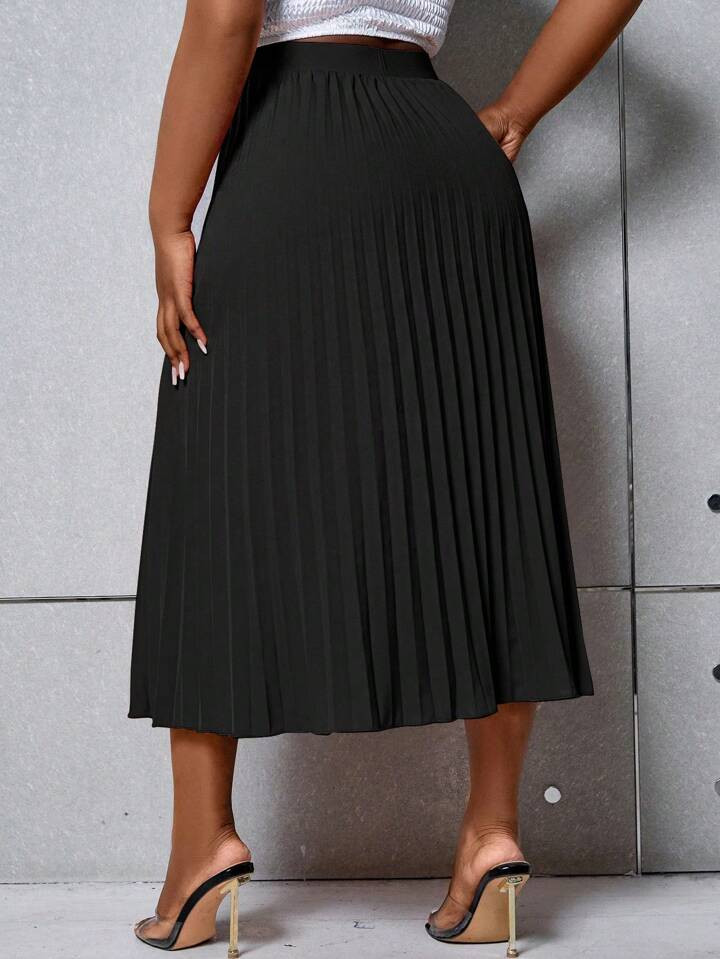 Celure Plus Size Basic Solid Color Pleated Skirt, Suitable For Spring And Summer | SHEIN