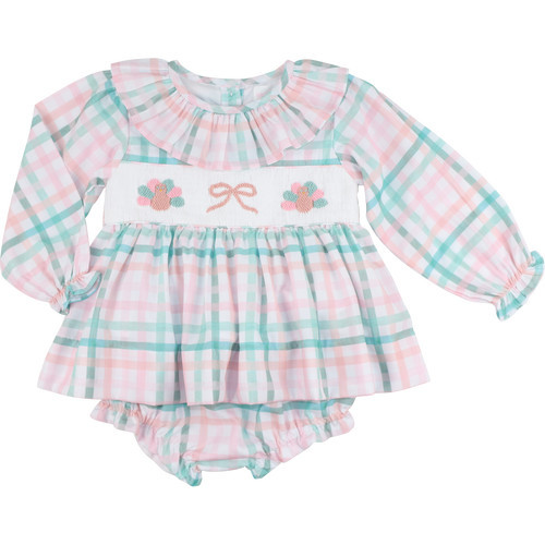 Pink And Green Plaid Smocked Turkey Diaper Set | Cecil and Lou