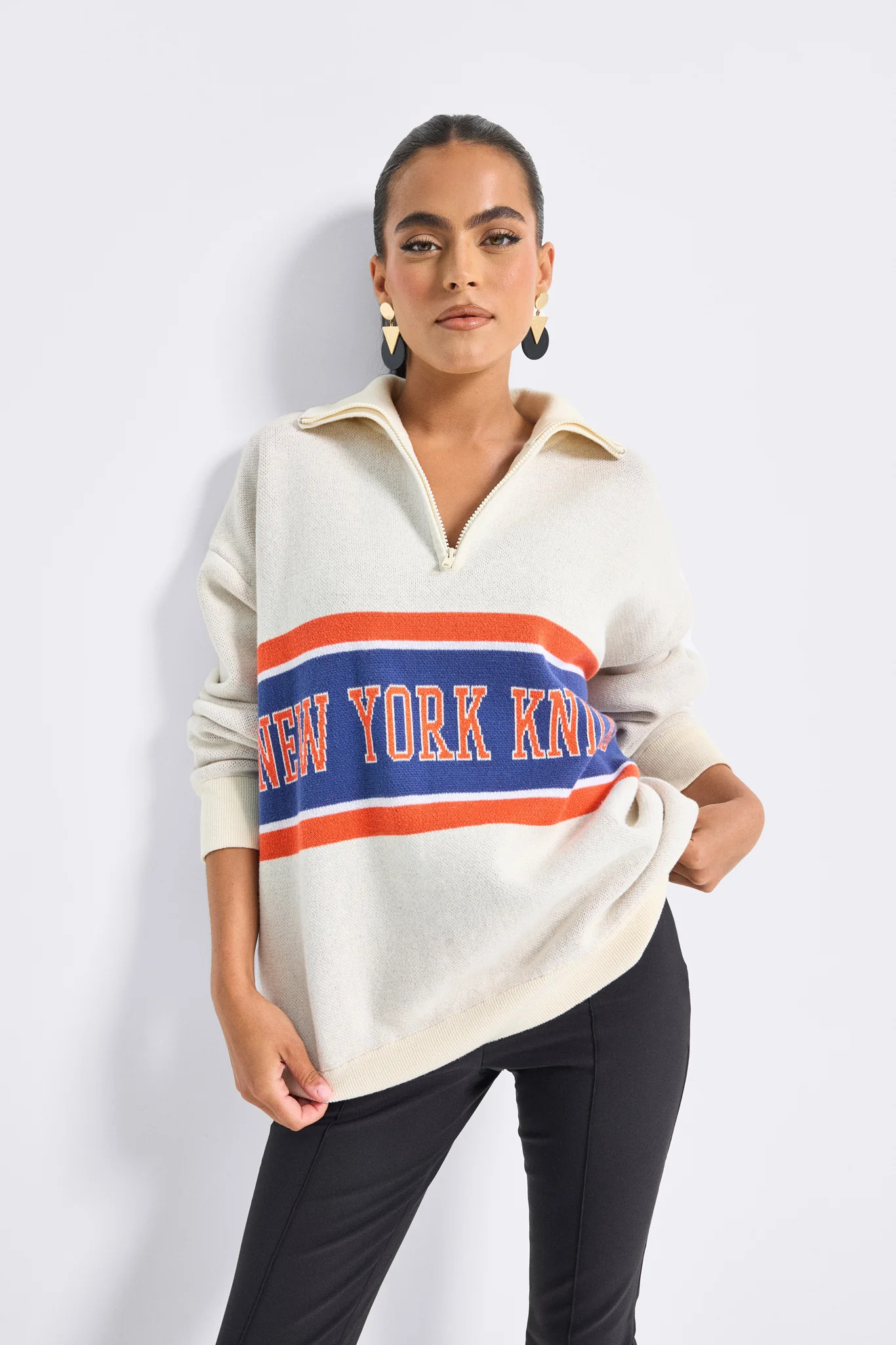 Knicks Team Stripe Quarter Zip Sweater | Terez