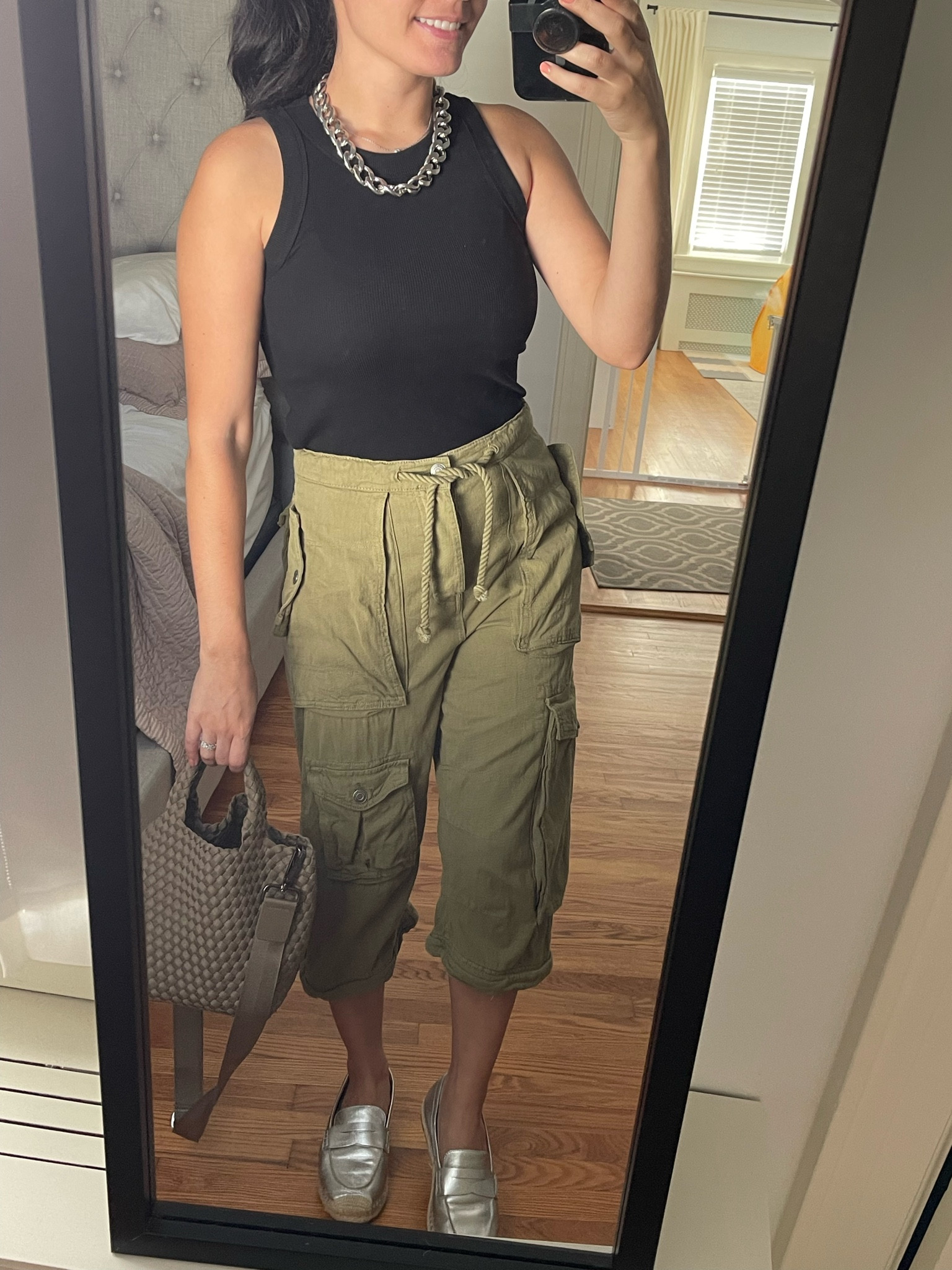 Cargo pants
Black tank top
Outfit of the day
OOTD
Naghedi bag
Fall outfit
Summer to fall transition outfit
Silver flats
Chain necklace

#LTKFindsUnder100 #LTKShoeCrush #LTKFindsUnder50