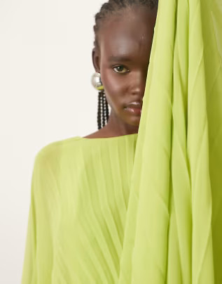 ARRANGE chiffon pleat volume maxi dress with wide sleeve in green | ASOS (Global)