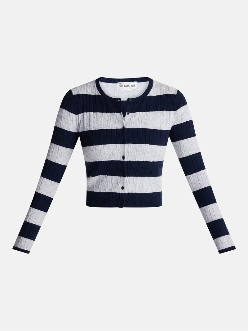 No Boundaries Cable Knit Crewneck Cardigan, Women's XXS-4X | Walmart (US)