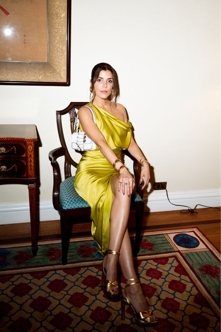 Chartreuse, silk gown for the WHCD after party. This dress is perfect for a summer cocktail or wedding guest! Styled with a white and gold safety pin Fendace mini baguette and YSL gold chrome heels. 

#LTKwedding #LTKSeasonal #LTKshoecrush