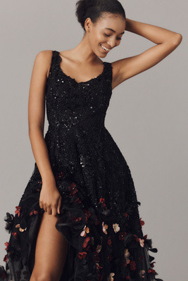 Mag Duggal Sequin Floral Appliqué Midi Dress | Anthropologie (US)
