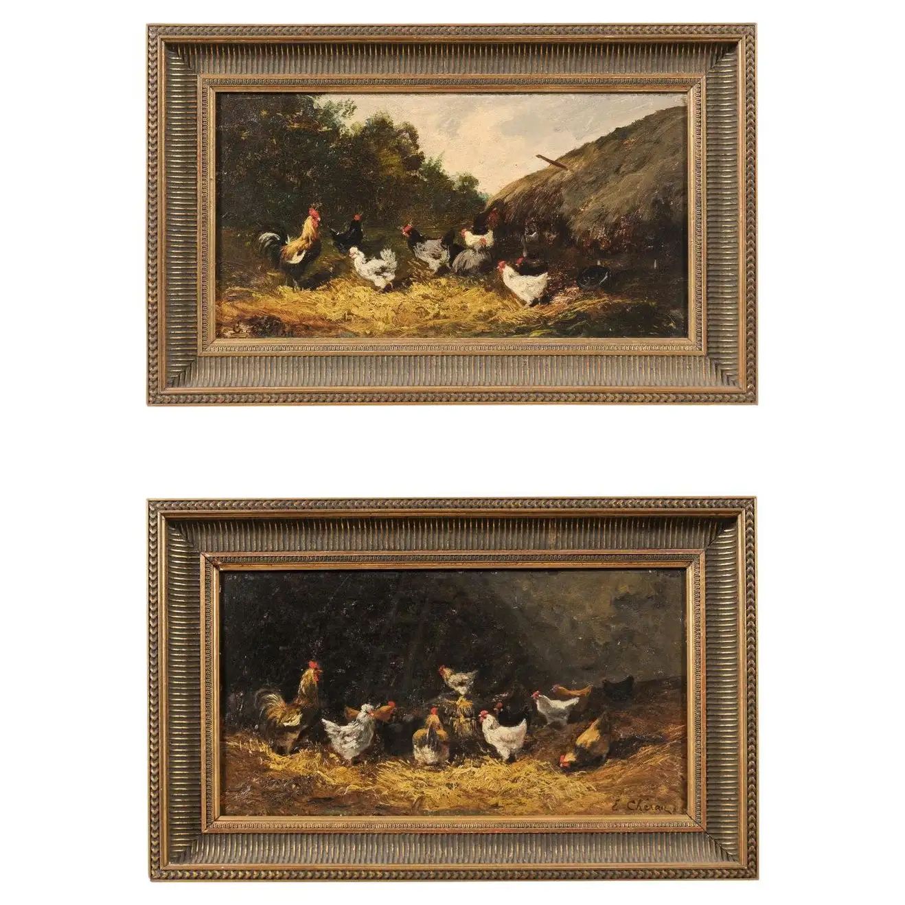 Pair of French Early 20th Century Oil on Board Paintings Depicting Chickens | 1stDibs